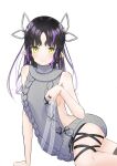  1girl absurdres aran_sweater backless_dress backless_outfit bangs black_hair black_ribbon blush breasts closed_mouth commentary_request demon_girl demon_horns demon_tail dress feet_out_of_frame grey_sweater halterneck highres horns kiyama_motonobu kojo_anna leg_ribbon long_hair medium_breasts meme_attire multicolored_hair official_alternate_costume pointy_ears purple_hair ribbed_sweater ribbon sideboob smile solo sugar_lyric sweater sweater_dress tail transparent_background turtleneck turtleneck_sweater two-tone_hair virgin_killer_sweater virtual_youtuber yellow_eyes 
