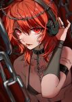  1girl absurdres arm_belt arm_tattoo black_choker blood chain chest_tattoo choker cross cross_choker crown_of_thorns hand_up headphones highres lip_ring original red_background red_eyes red_hair spiked_ring tattoo upper_body white_xxxx 