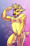  absurd_res anthro body_hair cervid cervine dj_strap fangs flaccid flexing_bicep foreskin fur genitals happy_trail hi_res horn male mammal muntjac nude penis solo steam watermark werelemurs yellow_body yellow_fur 