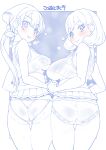  2girls ass bandana bangs blue_theme blush bob_cut bow bow_panties breasts butt_crack closed_mouth clothes_lift commentary cowboy_shot crop_top crotch_seam delicious_party_precure earrings from_behind highres jewelry lace-trimmed_panties lace_trim large_breasts lifted_by_self long_hair looking_at_viewer looking_back mature_female medium_breasts microskirt miyagoe_yoshitsuki monochrome multiple_girls nagomi_akiho outside_border panties parted_lips pleated_skirt ponytail precure shinada_an shirt side-by-side skirt skirt_lift sleeveless sleeveless_shirt smile spot_color standing steam sweatdrop thigh_gap translated underwear 