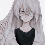  1boy 402_(o0_xxx) absurdres black_hair closed_mouth eyepatch fingernails grey_background grey_eyes grey_hair highres looking_at_viewer male_focus multicolored_hair original simple_background solo upper_body white_theme 