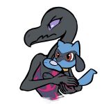  1:1 3_fingers 3_toes 5_fingers advos ambiguous_gender anthro black_body blue_body blue_fur canid canine digital_media_(artwork) duo feet fingers frown fur hi_res holding_partner mammal markings nintendo pok&eacute;mon pok&eacute;mon_(species) purple_sclera red_eyes reptile riolu salazzle scalie simple_background size_difference toes video_games 