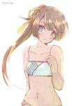  1girl absurdres bikini brown_hair chicken99 commentary_request grey_eyes hair_ribbon highres kantai_collection kazagumo_(kancolle) long_hair official_alternate_costume one-hour_drawing_challenge ponytail ribbon simple_background solo striped striped_bikini swimsuit upper_body white_background 