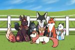  canid canine eeveelution female fence fennec feral field fox grass group helio_(character) heliofox holly_(heliofox) jolteon maia_(heliofox) male mammal nintendo noir_(heliofox) plant pok&eacute;mon pok&eacute;mon_(species) sierra_(heliofox) sky video_games 