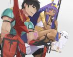  1boy 1girl 1other arash_(fate) black_eyes black_hair dark-skinned_female dark_skin fate/grand_order fate_(series) holding holding_staff lempika long_hair looking_at_another looking_to_the_side medjed_(fate) nitocris_(fate) open_mouth pointy_ears precure purple_eyes purple_hair short_hair sleeveless smile_precure! squatting staff 
