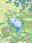  absurdres blue_flower claws closed_eyes day flower grass highres horns hyogonosuke leaf lying nidoran nidoran_(female) no_humans notched_ear on_back orange_flower outdoors pink_flower pokemon pokemon_(creature) purple_flower red_flower single_horn sleeping solo whiskers white_flower 