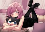  1girl absurdres amami_tokko black_dress black_legwear blush character_pillow closed_mouth commentary_request dress fate/grand_order fate_(series) fujimaru_ritsuka_(male) hair_over_one_eye highres light_purple_hair lips looking_at_viewer lying mash_kyrielight object_hug on_bed one_eye_covered pantyhose pillow pink_lips purple_eyes short_hair signature smile solo 