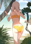  1girl ass beach bikini braid breasts cloud commentary_request day food from_behind grey_hair highres holding kizuna_akari long_hair medium_breasts ocean orange_bikini outdoors popsicle sky solo standing star_(symbol) star_cutout star_print swimsuit toriatamastudio tree twin_braids vocaloid voiceroid water 