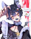  1boy animal_ears black_hair blue_hair cat_boy cat_ears collar extra_eyes fangs gothic harness head_tilt highres jacket kaminoq long_sleeves looking_at_viewer male_focus multicolored_hair nail_polish open_mouth original short_hair solo star_(symbol) white_background yellow_eyes 