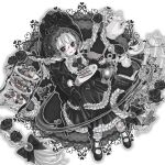  1girl bangs black_eyes black_theme blush bonnet book bow braid brooch cake cake_slice candelabra candle collared_dress cream_puff creamer_(vessel) cup dress fire flower food frills fruit gloves gothic_lolita hair_bow hair_flower hair_ornament highres holding holding_plate jewelry lace lace_gloves lantern lolita_fashion long_hair long_sleeves macaron mary_janes open_book open_mouth original pitcher plate pocan pouring pudding rose saucer shoes smile socks solo strawberry sugar_bowl tea teacup tiered_tray twin_braids very_long_hair white_hair 