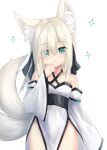  1girl :o animal_ears bangs bare_shoulders blue_eyes breasts collarbone criss-cross_halter detached_sleeves dress eyes_visible_through_hair fox_ears fox_girl fox_tail grey_hair hair_between_eyes halterneck hand_to_own_mouth hand_up highres kitsune long_sleeves looking_at_viewer multiple_tails original parted_lips pelvic_curtain sakuma_hiragi simple_background sleeves_past_wrists small_breasts solo tail tail_raised two_tails white_background white_dress white_sleeves wide_sleeves 