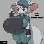  anthro armor big_breasts big_ears body_armor breasts clothed clothing digital_media_(artwork) domestic_cat english_text felid feline felis female fingerless_gloves fluffy fluffy_tail freckles fur galaxydonut gesture gloves grey_body grey_eyes grey_fur handwear hat headgear headwear hi_res huge_breasts hyper hyper_breasts looking_at_viewer mammal mappo military_uniform mofumofu_sensen simple_background smile solo standing text thick_thighs topwear uniform v_sign video_games wide_hips 