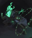  1boy absurdres bone brown_footwear chain cropped fire green_fire highres key laughing league_of_legends lim_donghyun male_focus monster motion_blur open_hand open_mouth pulling skull smile solo thresh_(league_of_legends) throwing torn torn_clothes 