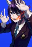  1girl aoki_ruri arm_up bangs blazer blue_background blue_eyes blue_necktie breathing_fire bright_pupils buttons claw_pose collared_shirt dragon_girl dragon_horns emblem fangs fire hand_up highres horns jacket long_sleeves looking_at_viewer medium_hair multicolored_eyes necktie ninjin_genjin open_mouth parted_bangs pink_eyes purple_hair ruri_dragon school_uniform shirt simple_background slit_pupils solo swept_bangs upper_body white_pupils white_shirt 