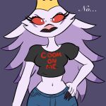  anthro avian bird clothing crown demon eyelashes feathers female fingers helluva_boss hi_res looking_at_viewer navel open_mouth owl owl_demon red_sclera stella_(helluva_boss) unknown_artist white_body white_eyes white_feathers wide_hips 