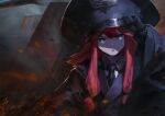  1girl absurdres ash_arms black_gloves black_headwear black_necktie embers gloves glowing glowing_eyes green_eyes hair_between_eyes hand_on_headwear hat highres hui_feng large_hat long_hair maus_(ash_arms) necktie open_mouth outdoors red_hair smoke solo upper_body 