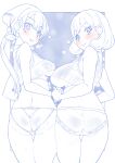  2girls ass back bandana bangs blue_theme blush bob_cut bow bow_panties breasts butt_crack closed_mouth commentary cowboy_shot crop_top crotch_seam delicious_party_precure earrings from_behind highres jewelry lace-trimmed_panties lace_trim large_breasts long_hair looking_at_viewer looking_back mature_female medium_breasts miyagoe_yoshitsuki monochrome multiple_girls nagomi_akiho no_pants outside_border panties parted_lips ponytail precure shinada_an shirt side-by-side sleeveless sleeveless_shirt smile spot_color standing steam sweatdrop thigh_gap underwear 