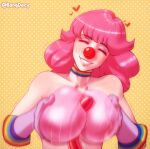  1girl ace_attorney artist_name balloon bang_dacy breasts closed_eyes clown clown_nose covering covering_breasts eyeshadow geiru_toneido head_tilt heart makeup motion_blur paizuri phoenix_wright:_ace_attorney_-_dual_destinies pink_hair sexually_suggestive small_breasts smile solo topless upper_body 