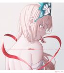  1girl alice_(grimlight) bandages blonde_hair blue_eyes bug butterfly butterfly_hair_ornament card card_in_mouth eyelashes grimlight hair_ornament heart highres idea_0709 long_hair looking_at_viewer looking_back mouth_hold over_shoulder ribbon smile solo white_background 