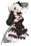  1girl absurdres black_blindfold black_legwear blindfold breasts cleavage cropped_legs dual_wielding grey_hair highres holding iaurencin lips micro_shorts mole mole_under_mouth nier_(series) nier_automata nier_reincarnation official_alternate_costume pale_skin short_shorts shorts solo sword thighhighs weapon yorha_no._2_type_b 