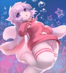  2022 ambiguous_fluids ambiguous_gender anthro bottomless clothed clothing digital_media_(artwork) eye_glint floppy_ears fluffy fluffy_ears footwear fur hair hoodie kemono knee_highs knee_socks lagomorph legwear leporid long_ears long_tail looking_down_at_viewer low-angle_view mammal nagasaki_wonderful_polyester open_mouth pink_body pink_clothing pink_fur pink_hoodie pink_topwear purple_eyes purple_hair rabbit socks striped_knee_socks topwear 