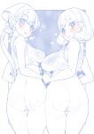  2girls ass back bandana bangs blue_theme blush bob_cut bottomless breasts closed_mouth commentary cowboy_shot crop_top delicious_party_precure earrings from_behind highres jewelry large_breasts long_hair looking_at_viewer looking_back mature_female medium_breasts miyagoe_yoshitsuki monochrome multiple_girls nagomi_akiho outside_border parted_lips ponytail precure pussy shinada_an shirt side-by-side sleeveless sleeveless_shirt smile spot_color standing steam sweatdrop thigh_gap 