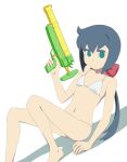  1girl ahoge arm_support bangs bare_shoulders barefoot bikini blue_hair bow breasts closed_mouth collarbone constanze_amalie_von_braunschbank-albrechtsberger empty_eyes feet_out_of_frame finger_on_trigger green_eyes hair_between_eyes hair_bow hair_ornament hand_up holding holding_water_gun light_frown little_witch_academia long_hair looking_at_viewer low_ponytail navel red_bow satochi sidelocks simple_background sitting small_breasts solo straight_hair string_bikini swimsuit thick_eyebrows very_long_hair water_gun white_background white_bikini 