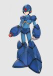  1boy arm_cannon armor blackball clenched_hand closed_mouth glowing green_eyes grey_background helmet male_focus mega_man_(series) mega_man_x_(character) mega_man_x_(series) pauldrons shoulder_armor simple_background solo standing weapon 