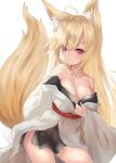  1girl ahoge animal_ear_fluff animal_ears bangs bare_shoulders blonde_hair breasts cleavage closed_mouth collarbone fox_ears fox_girl fox_tail hair_between_eyes highres japanese_clothes kimono long_hair long_sleeves looking_at_viewer medium_breasts off_shoulder original red_eyes sakuma_hiragi simple_background sleeves_past_wrists solo tail very_long_hair white_background white_kimono wide_sleeves 