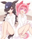  alternate_costume animal_ears bare_legs bed black_hair blush breasts collarbone commentary_request hair_over_one_eye haru_urara_(umamusume) highres horse_ears oni_tofu open_mouth pink_eyes pink_hair ponytail purple_eyes rice_shower_(umamusume) shirt small_breasts umamusume white_shirt 