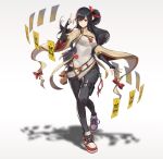  1girl black_hair blurry blurry_background bow breasts butterfly_hair_ornament charm_(object) cleavage cleavage_cutout clothing_cutout floating floating_object hair_ornament hand_gesture jade_(gemstone) leg_up long_hair multicolored_footwear original ponytail pouch red_bow red_footwear shoes sneakers solo talisman thigh_pouch thigh_strap very_long_hair white_footwear wide_sleeves xleontan 