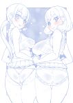 2girls ass bangs blue_theme blush bob_cut bow bow_panties breasts butt_crack closed_mouth clothes_lift commentary cowboy_shot crop_top crotch_seam delicious_party_precure earrings from_behind highres jewelry lace-trimmed_panties lace_trim large_breasts lifted_by_self long_hair looking_at_viewer looking_back mature_female medium_breasts microskirt miyagoe_yoshitsuki monochrome multiple_girls nagomi_akiho no_headwear outside_border panties parted_lips pleated_skirt ponytail precure shinada_an shirt side-by-side skirt skirt_lift sleeveless sleeveless_shirt smile spot_color standing steam sweatdrop thigh_gap underwear 