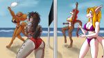  absurd_res anthro beach big_breasts bikini breasts butt canid canine canis cleavage clothed clothing dragon female female/female group harkrun hi_res hyaenid mammal match playing sea seaside simple_background sport swimwear volleyball water wolf wyvern 