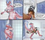  anthro avali bathing bathroom comic courtains dragon duo farsight_(character) floor hi_res humor kivalewds male male/male pineapple_(character) soap soap_bubbles suds suspicious tile tile_floor tile_wall wall_(structure) water_drop 