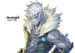  1boy colored_skin copyright_name grey_skin lanz_(xenoblade) looking_at_viewer male_focus open_clothes open_vest release_date saitou_masatsugu solo upper_body vest xenoblade_chronicles_(series) xenoblade_chronicles_3 