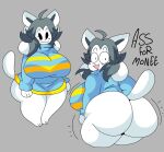 anthro big_breasts big_butt breasts butt clothing dot_eyes english_text female grey_hair hair hi_res huge_breasts huge_butt lewd_dorky looking_at_viewer looking_back open_mouth smile solo sweater tem temmie_(undertale) text thick_thighs topwear undertale undertale_(series) video_games white_body wide_hips 