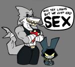  &gt;:d 2022 abs angry_eyes anthro bandage belt big_ears black_eyes bottomwear breasts clothed clothing crossed_arms dialogue dodge_(sludgetoons) duo english_text eyelashes female fin fish glistening_eyelids gloating grey_background grey_body grey_ears grey_fin grey_nose grey_skin grey_tail happy hi_res hoodie lagomorph leporid long_ears long_tail male male/female mammal marine mattie_(sludgetoons) multicolored_body multicolored_nose multicolored_skin muscular muscular_anthro muscular_female notched_fin notched_tail open_mouth pants pupils rabbit shadow shark sharp_teeth shirt short_anthro short_male shorter_male simple_background size_difference sludgetoons small_pupils smile smug speech_bubble spikes standing sweater tall_female taller_female tank_top teeth text thick_tail thick_thighs toony topwear tube white_body white_ears white_nose white_skin wristband yellow_sclera yellow_teeth zipper 