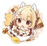  1girl :3 :d alpaca_ears animal_ears bangs belt blonde_hair blush boots bow brown_eyes brown_hair checkerboard_cookie chibi cookie cup dress food fur_collar fur_trim hair_bow hair_ribbon in_container in_cup koguma105 long_sleeves looking_at_viewer medium_hair multicolored_hair open_mouth original pom_pom_(clothes) ribbon sitting smile solo spoon striped striped_legwear two-tone_hair vertical-striped_legwear vertical_stripes 