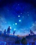  arms_up blue_sky bow braid chimney cloud cloudy_sky coat hood house long_hair long_sleeves looking_up mountain mountainous_horizon night night_sky original pon_(cielo) rooftop scenery short_hair sky standing star_(sky) starry_sky tree twin_braids window 