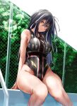  1girl absurdres alternate_costume arm_support azur_lane bangs bare_shoulders black_hair black_swimsuit breasts chain-link_fence character_name closed_mouth collarbone competition_swimsuit covered_navel day fence groin hair_between_eyes highleg highres large_breasts lens_flare long_hair looking_at_viewer multicolored_hair one-piece_swimsuit one_side_up oriue_wato outdoors page_number poolside red_eyes sidelocks sitting soaking_feet solo streaked_hair swimsuit u-47_(azur_lane) white_hair 
