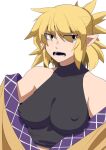  1girl bags_under_eyes bangs black_shirt blonde_hair breasts brown_shirt commentary_request covered_nipples eyes_visible_through_hair freckles green_eyes half_updo highres looking_at_viewer medium_breasts mizuhashi_parsee off_shoulder open_mouth pointy_ears sharp_teeth shirt short_hair simple_background sleeveless sleeveless_shirt solo teeth touhou upper_body uraraku_shimuni white_background 