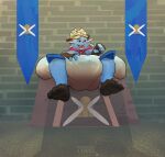  anthro big_diaper blue_body blue_fur brick_wall cape chair charlycorgiboy clothing crown dewott diaper diaper_only eyewear eyewear_on_head feces fur furniture gesture goggles goggles_on_head hi_res male messy_diaper mostly_nude nintendo pointing pok&eacute;mon pok&eacute;mon_(species) signature sitting soiling throne throne_room video_games wall_(structure) 