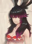  1girl animal_ears avatar_(ff14) bare_shoulders bikini bikini_top_only black_hair closed_mouth collarbone final_fantasy final_fantasy_xiv long_hair looking_at_viewer multicolored_hair purple_hair rabbit_ears red_bikini red_eyes solo swimsuit viera xleontan 