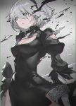  1girl black_hairband breasts cleavage cleavage_cutout clothing_cutout covered_navel feather_trim green_eyes grey_hair hair_between_eyes hairband nier_(series) nier_automata puffy_sleeves shiny shiny_hair short_hair solo torn torn_clothes turtleneck wind xleontan yorha_no._2_type_b 