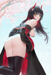  1girl ass azur_lane bangs black_hair black_legwear blurry blurry_background breast_strap breasts cherry_blossoms cirilla_lin floating_hair hair_ornament highres horns long_hair looking_at_viewer looking_back multicolored_hair no_panties off_shoulder parted_lips red_horns sideboob skindentation sleeves_past_wrists solo streaked_hair thighhighs tree ulrich_von_hutten_(azur_lane) yellow_eyes 