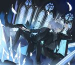  2boys absurdres adnachiel_(arknights) adnachiel_(traceless_walker)_(arknights) animal_ears arknights bishounen black_suit ceoretkr closed_mouth feathers formal fox_boy fox_ears full_body glasses hand_up highres ice indoors looking_at_viewer male_focus multiple_boys purple_eyes purple_hair sitting smile spread_legs steward_(arknights) suit white_hair window wings yellow_eyes 