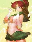  1girl arms_up bangs bishoujo_senshi_sailor_moon blush bow breasts brown_hair choker covered_navel covered_nipples earrings flower_earrings fumio_(rsqkr) green_background green_choker green_eyes green_sailor_collar green_skirt hair_bobbles hair_ornament highres jewelry kino_makoto large_breasts leotard long_hair looking_at_viewer magical_girl miniskirt navel pink_bow pinky_out pleated_skirt ponytail sailor_collar sailor_jupiter sailor_senshi_uniform see-through skirt sky smile solo standing traditional_media very_long_hair water white_leotard 