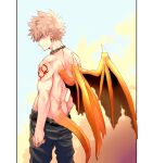  1boy ass bakugou_katsuki bare_arms bare_shoulders belt blonde_hair boku_no_hero_academia cai_(caiirocai) closed_mouth commentary_request dragon_boy dragon_tail dragon_wings earrings from_behind jewelry looking_at_viewer male_focus necklace orange_tail orange_wings pants red_eyes scales short_hair shoulder_tattoo solo spiked_hair standing tail tattoo topless_male wings 