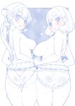  2girls ass back bandana bangs blue_theme blush bob_cut bow bow_panties breasts butt_crack closed_mouth clothes_lift commentary cowboy_shot crotch_seam delicious_party_precure earrings from_behind highres jewelry lace-trimmed_panties lace_trim large_breasts lifted_by_self long_hair looking_at_viewer looking_back mature_female medium_breasts microskirt miyagoe_yoshitsuki monochrome multiple_girls nagomi_akiho nipples outside_border panties parted_lips pleated_skirt ponytail precure shinada_an side-by-side skirt skirt_lift smile spot_color standing steam sweatdrop thigh_gap topless underwear 