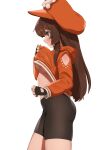  1girl bike_shorts breasts brown_hair fingerless_gloves flasso gloves guilty_gear hat highres hood hoodie hoodie_lift may_(guilty_gear) orange_eyes orange_headwear orange_hoodie orange_shirt pirate_hat shirt skull_and_crossbones solo white_background 